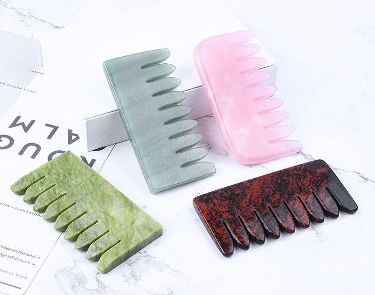 Natural Jade Hair Massager Comb Rose Quartz GuaSha Tool Stone SPA Acupuncture Scraper Board Release Head Pressure Health Care