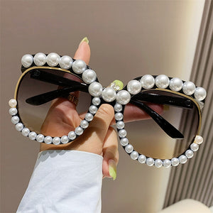 Fashion Retro Heart-Shaped Imitation Pearl Frame Sunglasses UV400 Women Cat Eye Pink Eyewear Trendy Beach Party  Sun Glasses