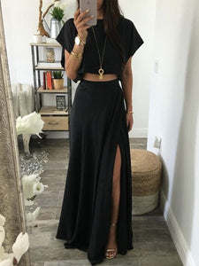 New Women Casual T-Shirt And Slit Skirt Fashion Set