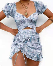 Load image into Gallery viewer, European and American Fashion Printed Drawstring Ruffle Sexy Short Sleeved Dress

