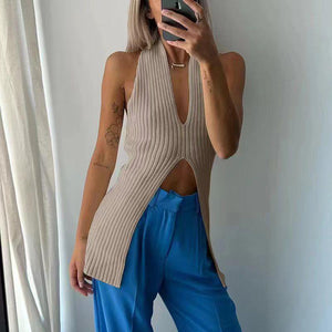 Yedinas Streetwear Knitted Sleeveless Tank Top Women V Neck Split Korean Fashion Cropped Feminino  Summer Ladies Tops Y2k