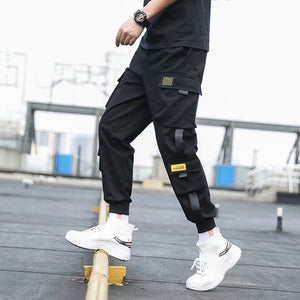 Men's Side Pockets Cargo Harem Pants Ribbons Black Hip Hop Casual Male Joggers Trousers Fashion Casual Streetwear Pants