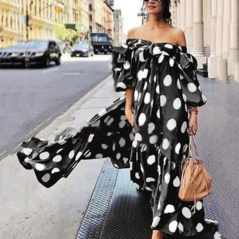 Boho Dress Off Shoulder Polka Dot Dress Women Casual Maxi Dress