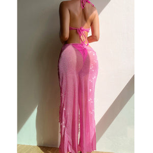 Vacation Beach Skirt with Irregular Wood Ear Edge Cutout Slim Fit Hanging Neck Strap Bikini Dress