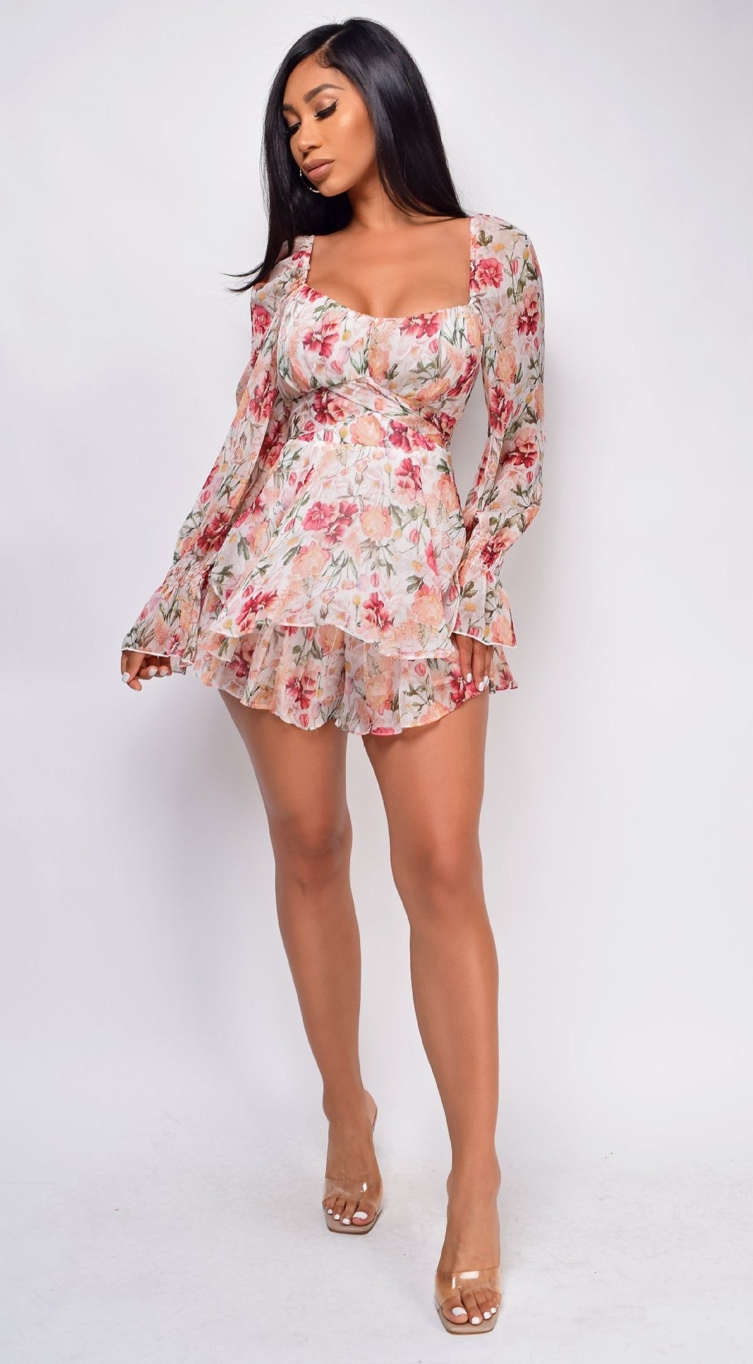 New Floral Digital Printing Womens Neck Zipper Strap Long Sleeve jumpsuit European and American Fashion Shorts