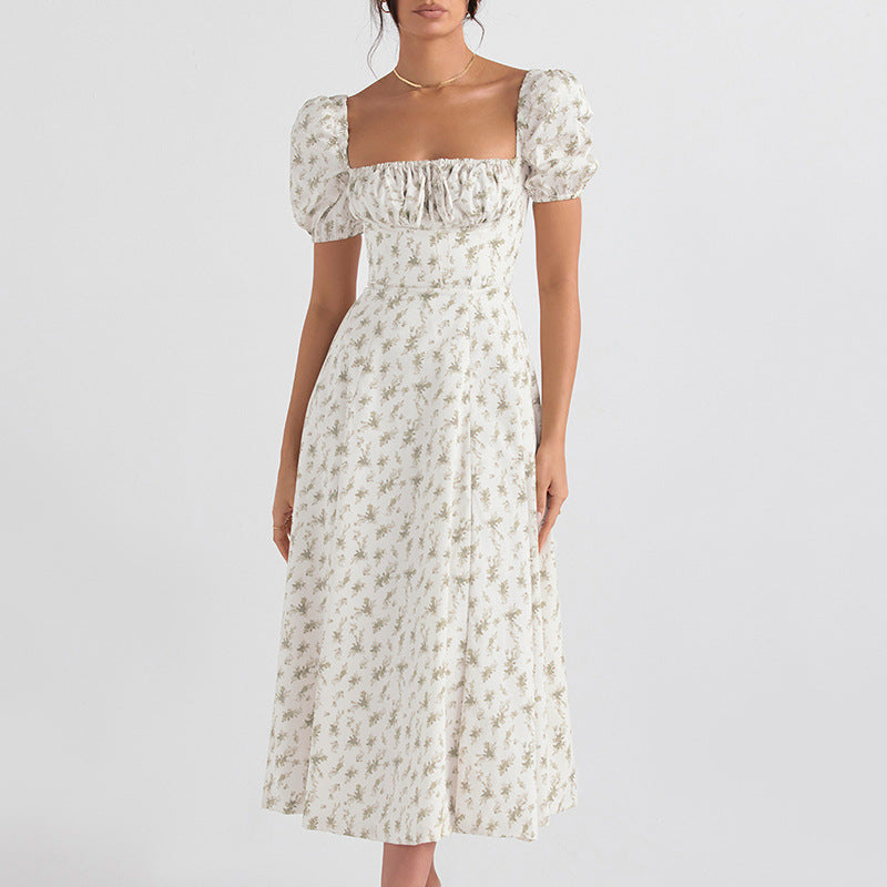 New Women's Summer Fashion Fashion Puff Sleeves Floral Lace High Slit Long Skirt Women's Dress Summer