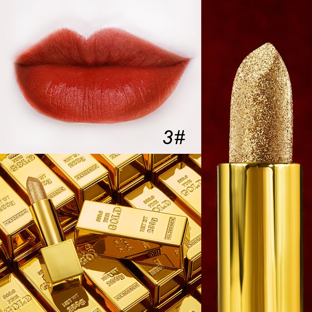 Glitter Lipstick Moisturizing Makeup Velvet Matte Gold Lipstick Waterproof Lipstains Sexy Shiny Red Cosmetics Pigment Nude Rouge