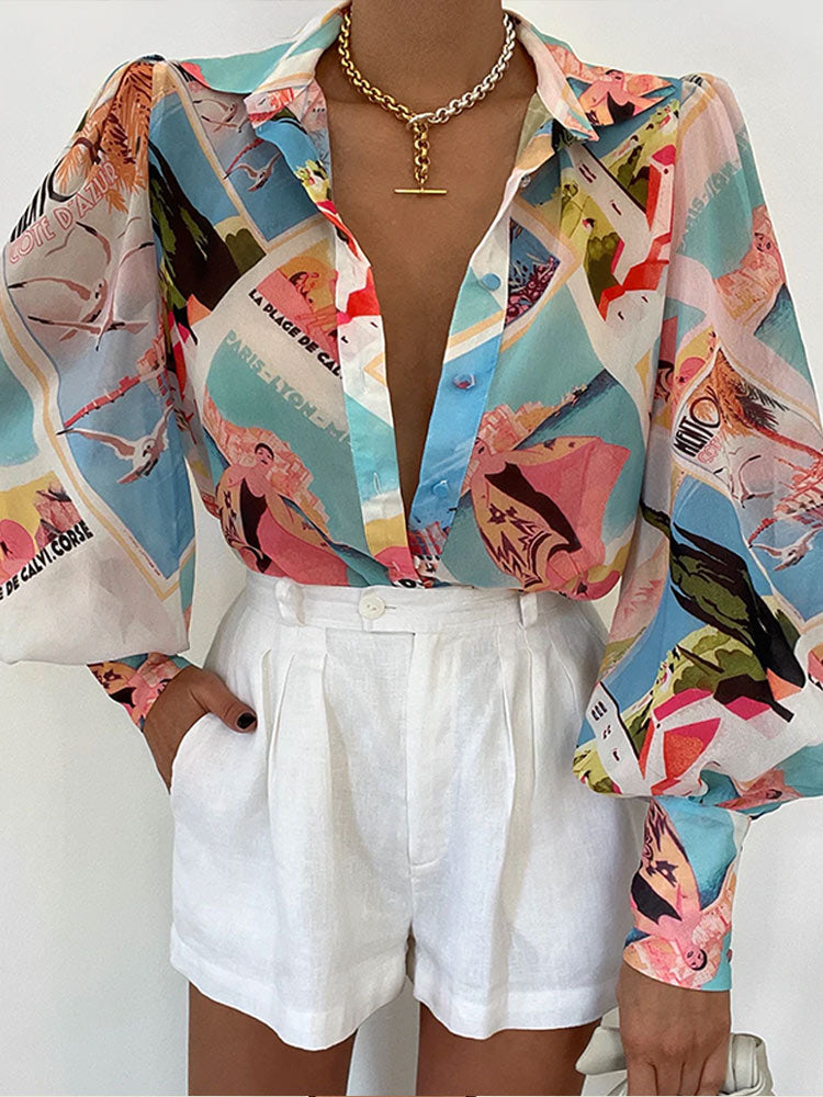 Long Lantern Sleeve Print Women Shirt Elegant Lapel Floral Pleated Office Ladies Shirts Summer Loose Fashion Tops