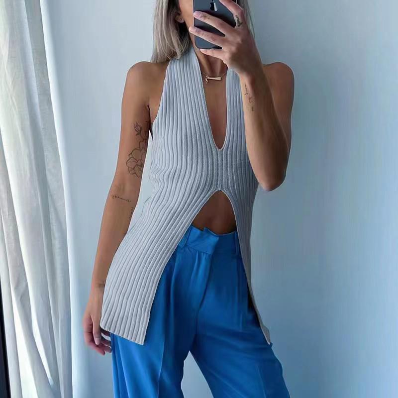 Yedinas Streetwear Knitted Sleeveless Tank Top Women V Neck Split Korean Fashion Cropped Feminino  Summer Ladies Tops Y2k