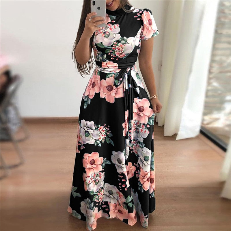 Women Summer Dress  Casual Short Sleeve Long Dress Boho Floral Print Maxi Dress Turtleneck Bandage Elegant Dresses Vestido