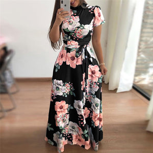 Women Summer Dress  Casual Short Sleeve Long Dress Boho Floral Print Maxi Dress Turtleneck Bandage Elegant Dresses Vestido