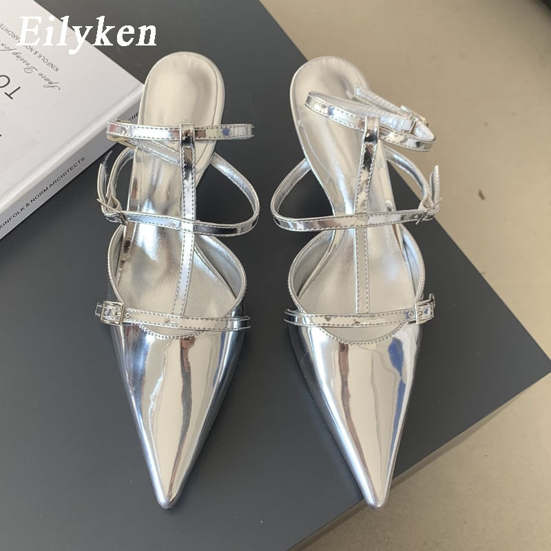 Eilyken Spring New Gold Silver Pumps Women Fashion Pointed Ladies Elegant Thin High Heel Hollow Out Dress Sandalias De Mujer