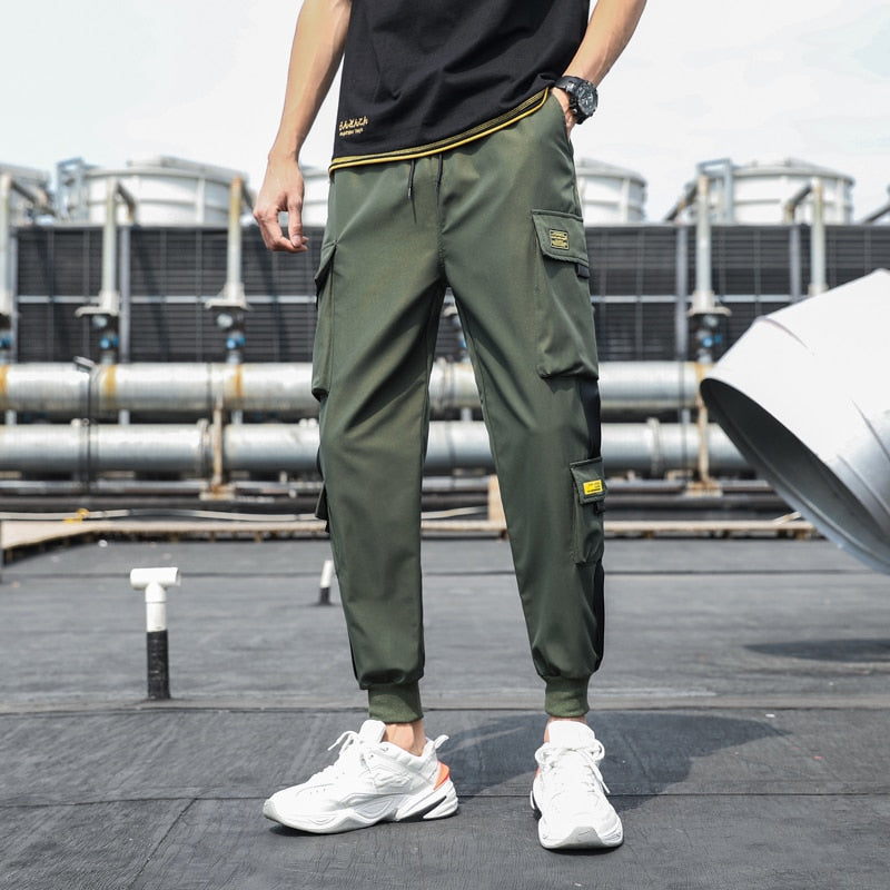 Men's Side Pockets Cargo Harem Pants Ribbons Black Hip Hop Casual Male Joggers Trousers Fashion Casual Streetwear Pants