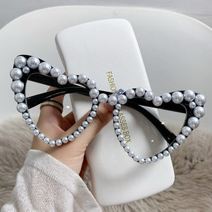 Fashion Retro Heart-Shaped Imitation Pearl Frame Sunglasses UV400 Women Cat Eye Pink Eyewear Trendy Beach Party  Sun Glasses