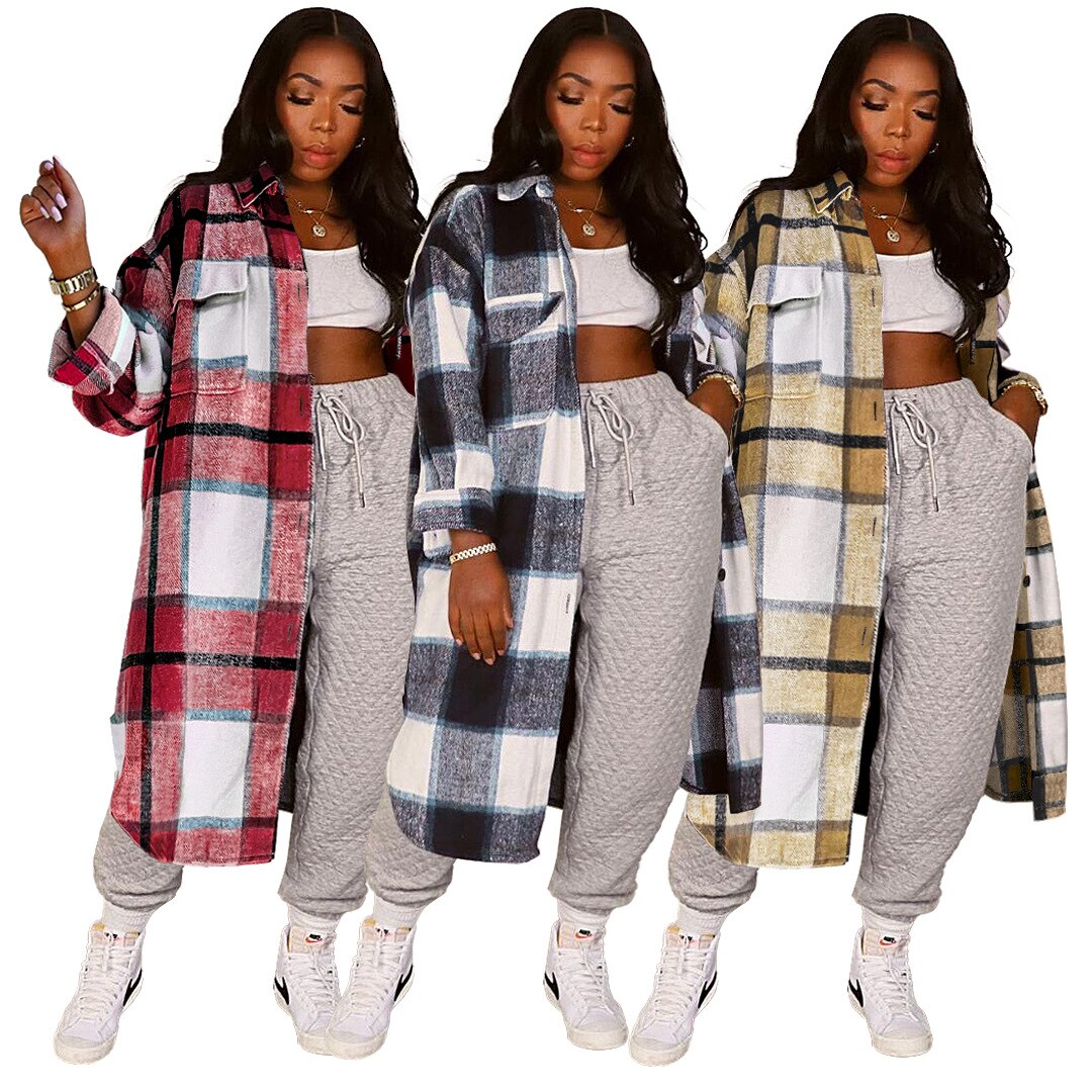 ANJAMANOR Elegant Fashion Checkered Coat Women Autumn Winter Clothing  Single Breasted Long Flannel Plaid Jacket D74-DG57