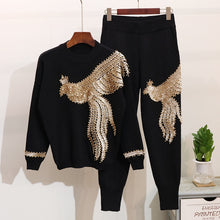 Load image into Gallery viewer, Autumn Winter Knitted Women Tracksuit Sequins Beading Phoenix Long Sleeve Loose Sweater + Casual Pants Two Piece Set D1281
