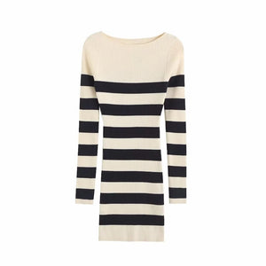 TRAF Women Knitted Dress Fashion Striped Slim Fitting Mini Dress Vintage O-Neck Long Sleeves Female elegant chic women dresses