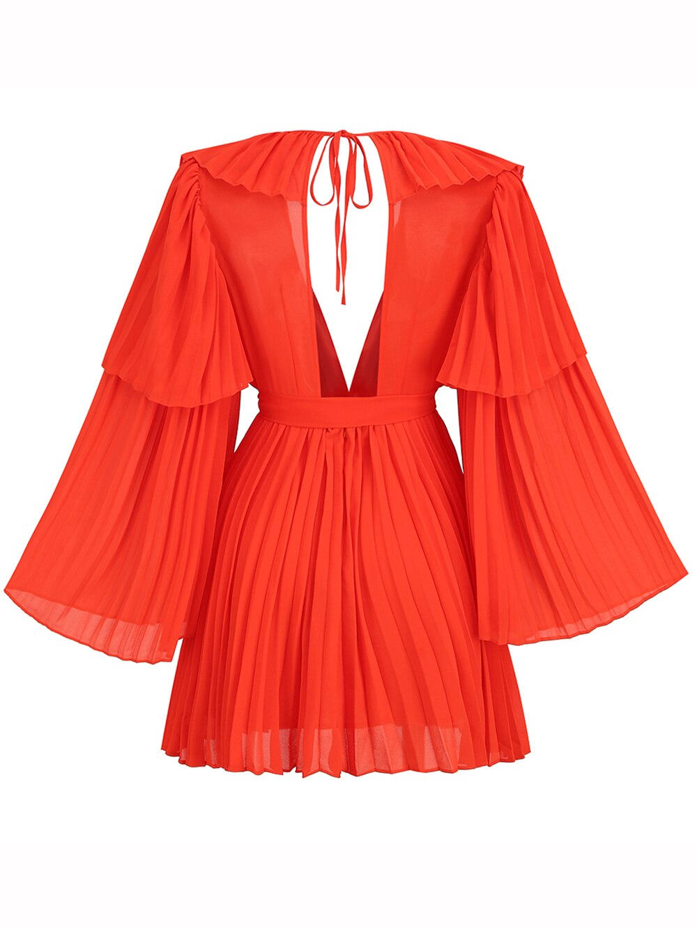 Modphy  Summer New Flare Long Sleeve V-neck Bright Pleated Women Sexy Empire Waist Party Chiffon Dress Draped Vestidos