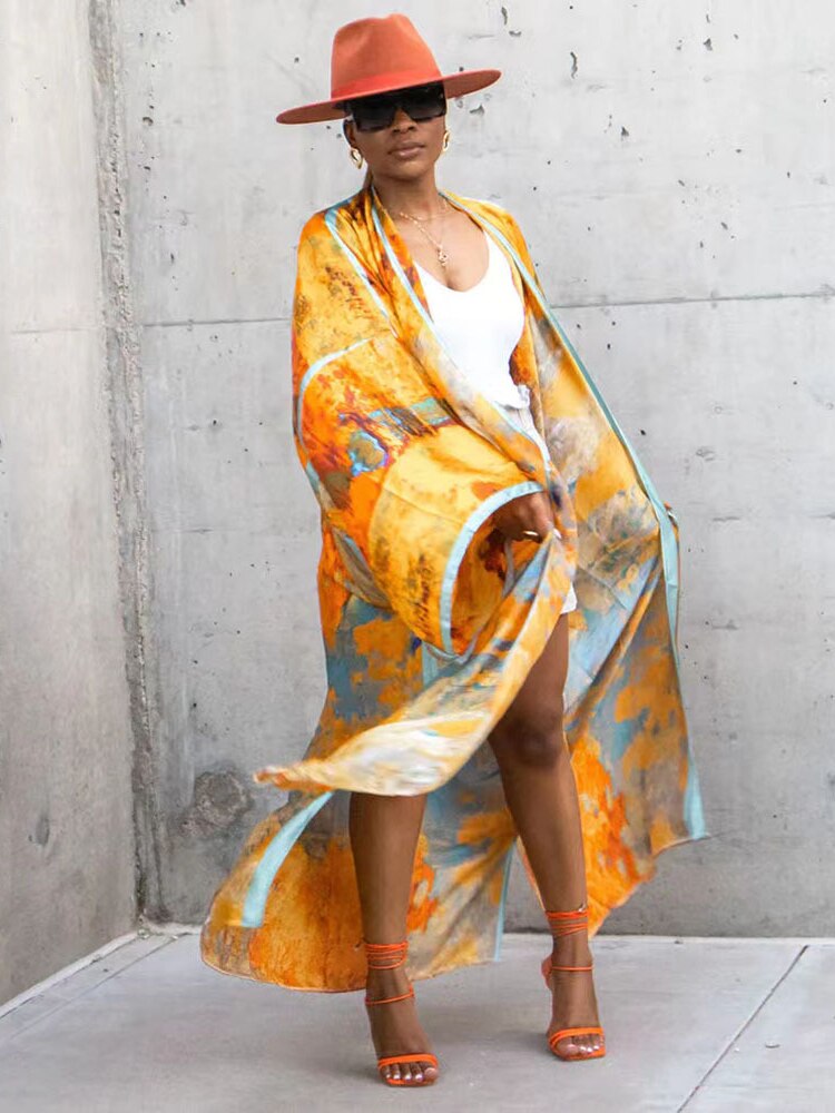 Gold Bohemian Printed Long Kimono Wrap Dress Bikini Cover-ups Summer Clothes Women Beach Wear Swim Suit Cover Up