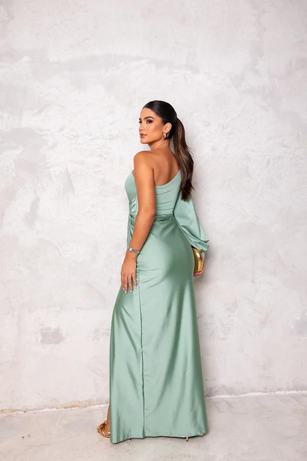 Women’s Elegant Fitted Evening Gown with One Shoulder, Long Sleeve, and High Slit