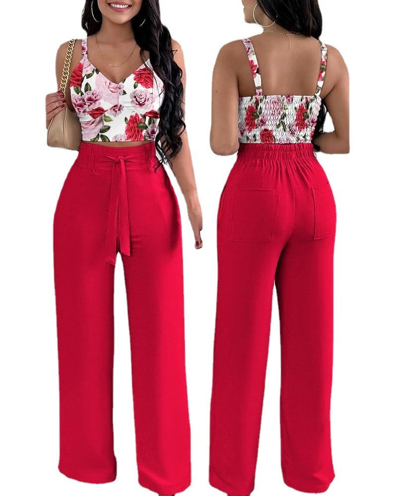 European and American Spring/Summer New Fashion Print Strap Tie Long Pants Set of 2