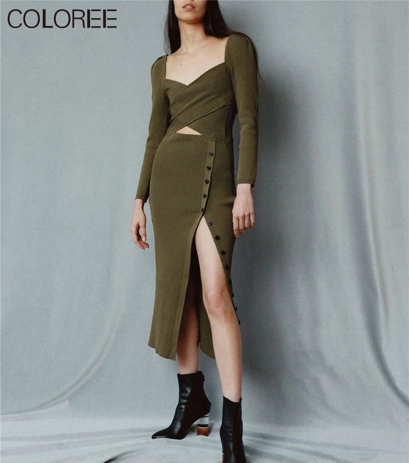 Runway Designers Dress Women 2023 Vintage Army Green Long Sleeve Knitted Sweater Dresses Korean Fashion Fall Outfits