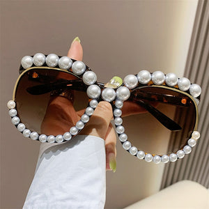 Fashion Retro Heart-Shaped Imitation Pearl Frame Sunglasses UV400 Women Cat Eye Pink Eyewear Trendy Beach Party  Sun Glasses