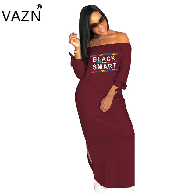 Autumn Special Style Arrive Best Quality Women Maxi Dress Letter Slash Neck Full Sleeve Loose Hollow Out Dress