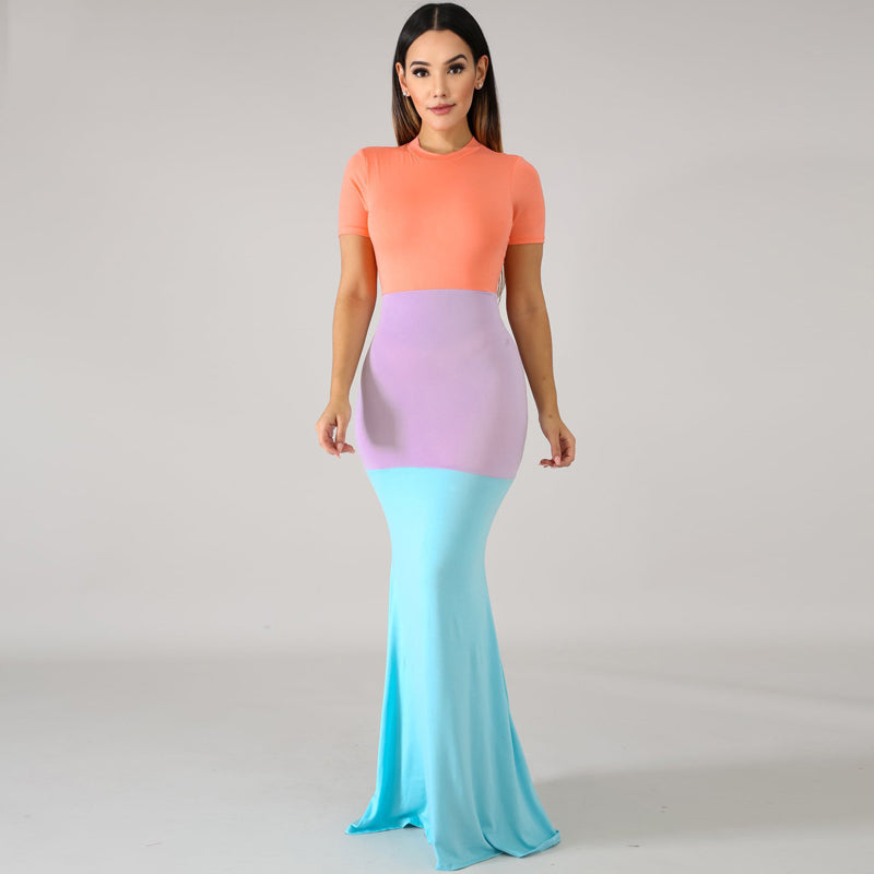 Women Color Block Maxi Dresses 2019 Summer O-neck Short Sleeve Zipper Up Patchwork Bodycon Dress