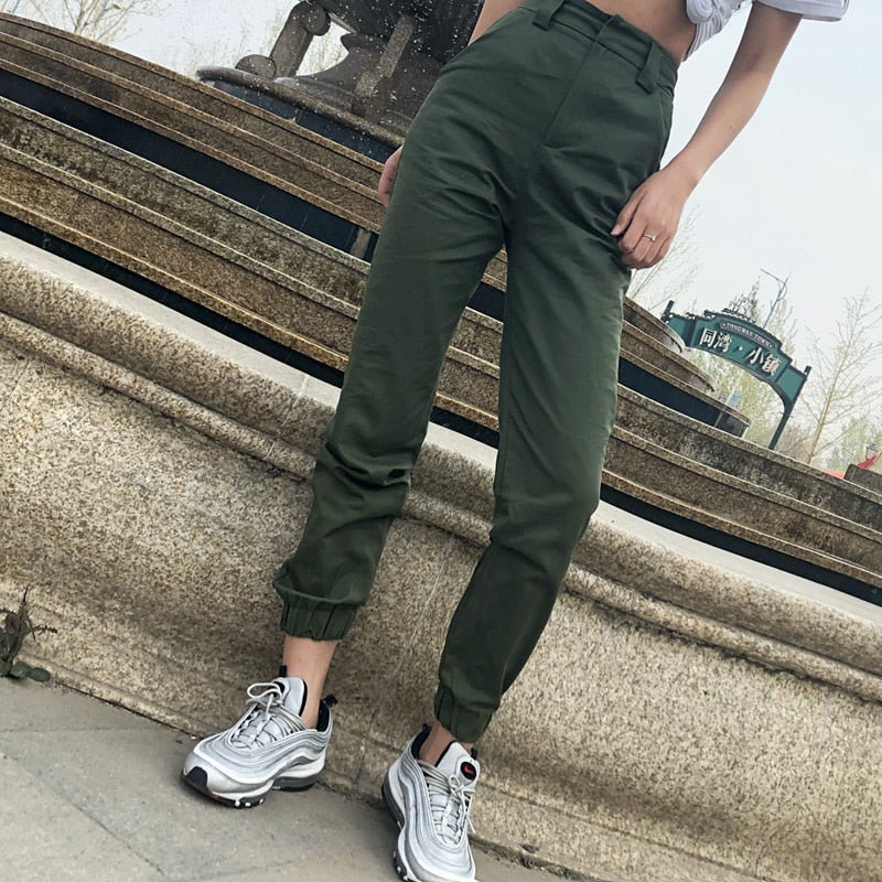 High Waist Ankle-Length Safari Style Hip Hop Womens Cargo Pants Fashion Casual High Waist Trousers Solid Joggers Sweatpants