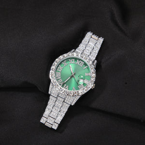 Hip-Hop Roman Numerals Diamond-Encrusted Men's Watch Fashion Fashion Brand Green Face Large Dial Quartz Watch