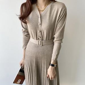 V-neck Single-breasted Women Thicken Sweater Dress  Autumn Winter Knitted Belted Female A-line soft dresses