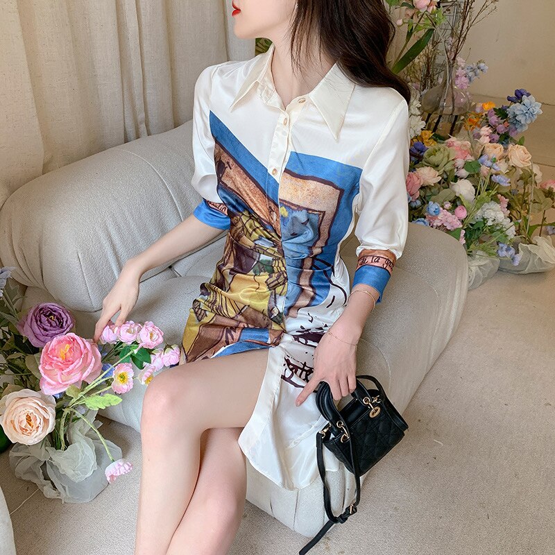 Designer Stylish Fashion Mini Shirt Dress Long Blouse Painting Printed Turn Down Collar White Elegant