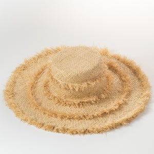 Grass woven tassel decoration, hand woven large eave flat top Lafite straw hat, sun protection, sun shading, beach fur brim straw hat