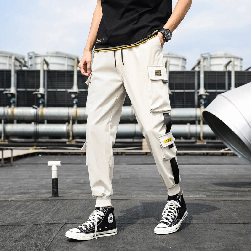 Men's Side Pockets Cargo Harem Pants Ribbons Black Hip Hop Casual Male Joggers Trousers Fashion Casual Streetwear Pants