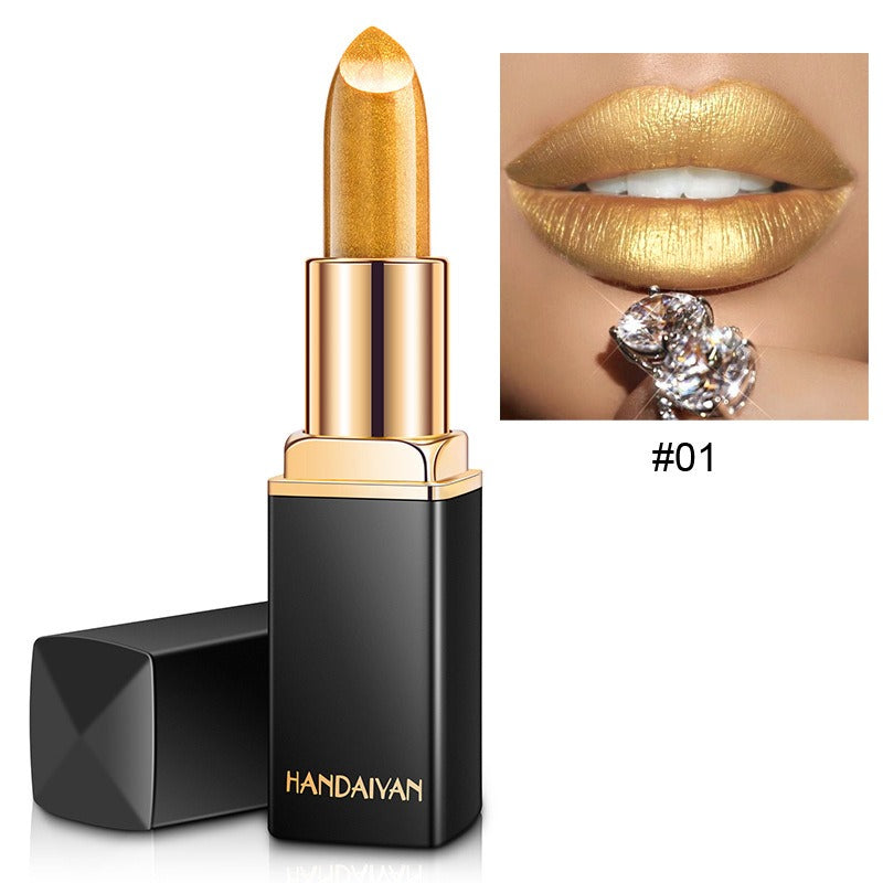 HANDAIYAN Shiny Metallic Lipstick Pearlescent Color Change Warm Lipstick Gold lipstick