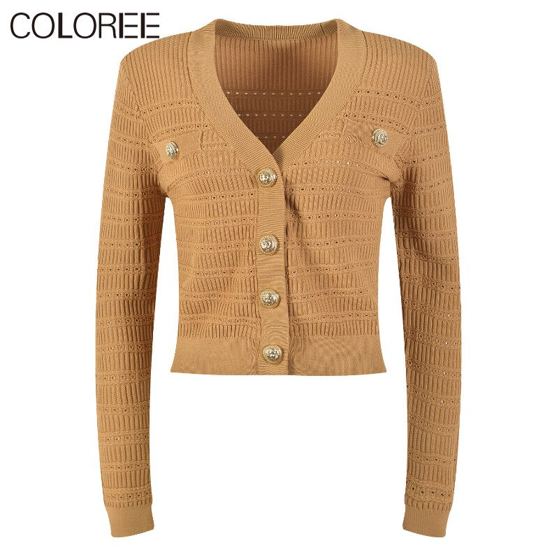 Spring New In Knitwears 2023 Luxury Designer Gold Buttons V-neck Long Sleeve Knitted Sweater Women Casual White Black Cardigans