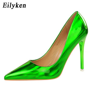 Eilyken New Women Pumps Sexy Fetish Green Red 10.5cm High Heels High Quality Patent Leather Pointed Toe Ladies Office Shoes