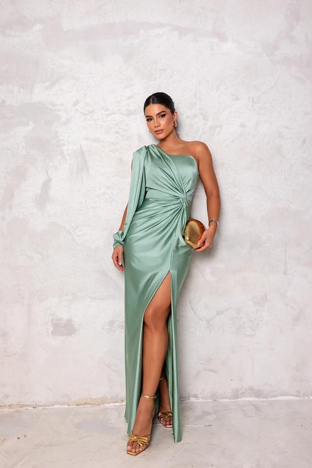Women’s Elegant Fitted Evening Gown with One Shoulder, Long Sleeve, and High Slit