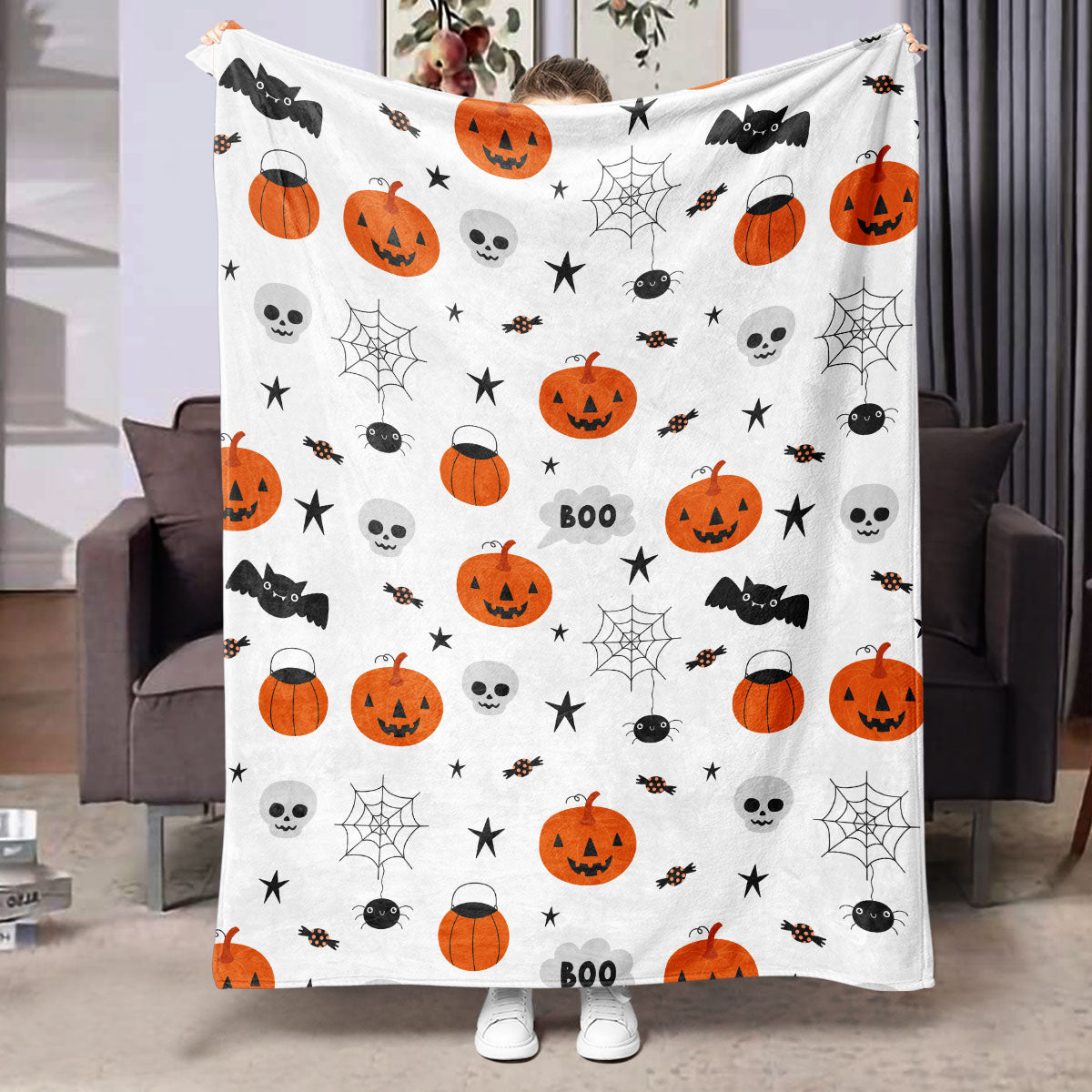 Halloween Flannel Blanket Black Geometric Polyester Multi-Size