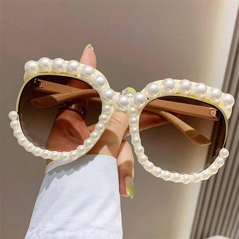 Fashion Retro Heart-Shaped Imitation Pearl Frame Sunglasses UV400 Women Cat Eye Pink Eyewear Trendy Beach Party  Sun Glasses