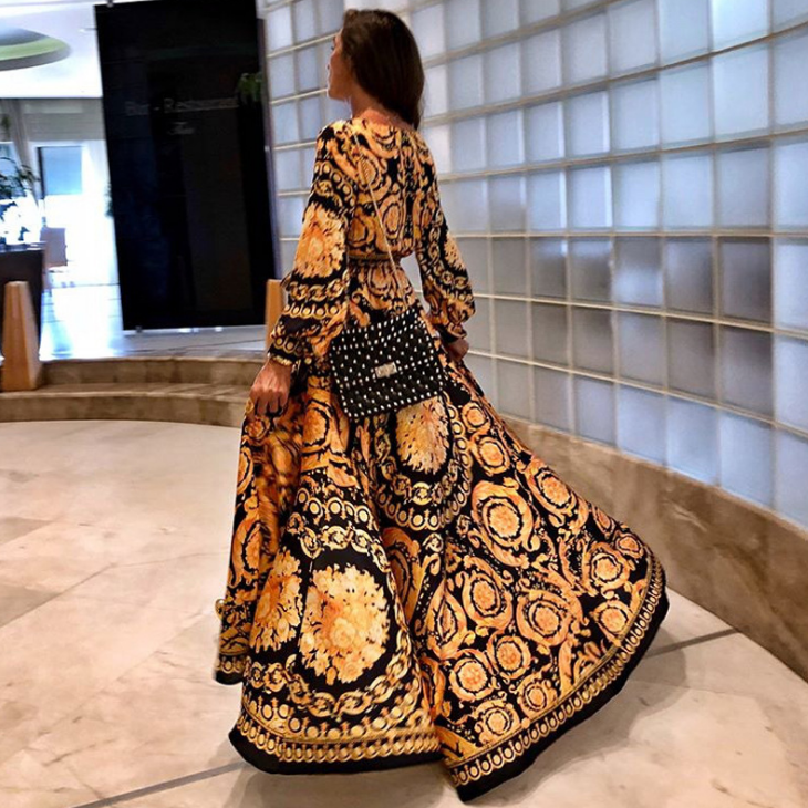 Vintage gold print maxi dress women Elegant long sleeve loose boho dress V neck split sexy party dress