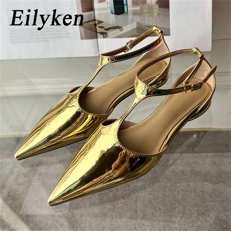 Eilyken Women New Fashion Pumps Pointed Toe Gold Ladies Elegant Dress Slingback Low Heel Mary Jane Mules Shoes Zapatos Mujer
