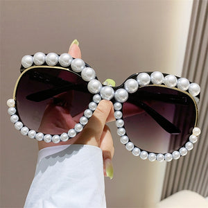 Fashion Retro Heart-Shaped Imitation Pearl Frame Sunglasses UV400 Women Cat Eye Pink Eyewear Trendy Beach Party  Sun Glasses