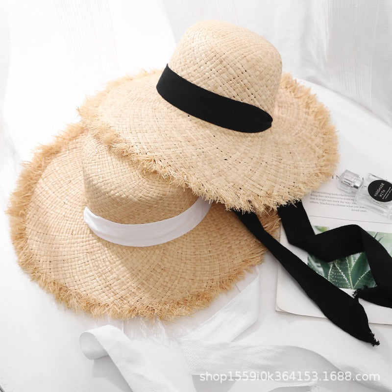 Strap Lafite straw hat for women with large brim in summer seaside Sun hat summer sun beach holiday beach hat