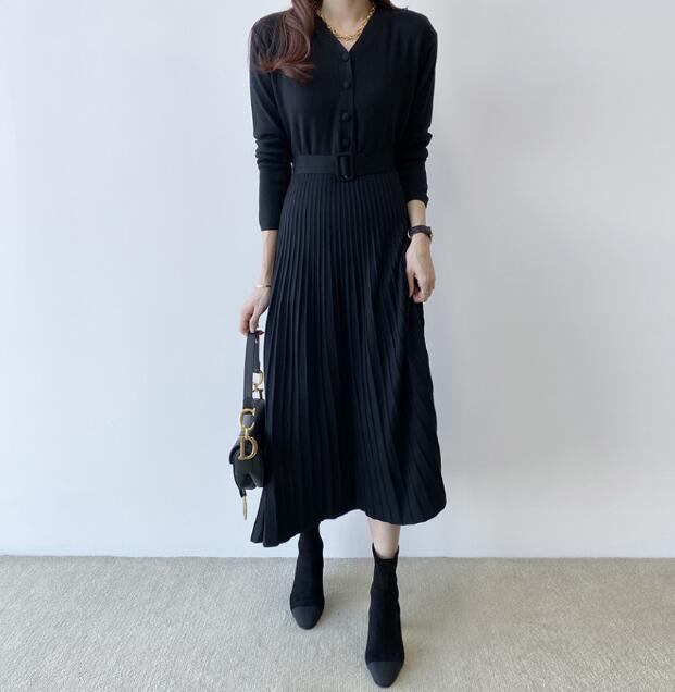 V-neck Single-breasted Women Thicken Sweater Dress  Autumn Winter Knitted Belted Female A-line soft dresses