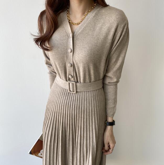 V-neck Single-breasted Women Thicken Sweater Dress  Autumn Winter Knitted Belted Female A-line soft dresses