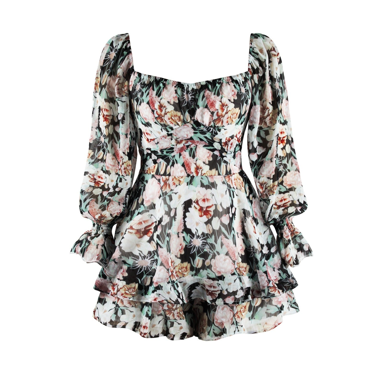 New Floral Digital Printing Womens Neck Zipper Strap Long Sleeve jumpsuit European and American Fashion Shorts