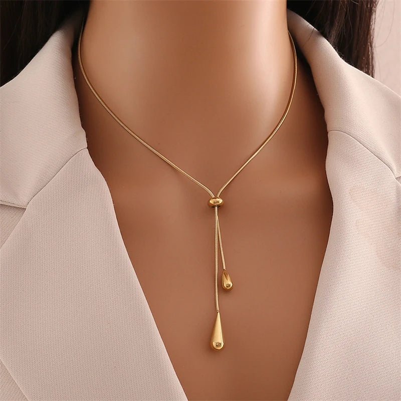Adjustable Lariat Necklace and Earring Set with Droplet Design – Elegant Stainless Steel Jewelry for Women