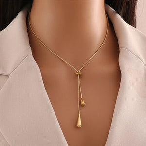 Adjustable Lariat Necklace and Earring Set with Droplet Design – Elegant Stainless Steel Jewelry for Women